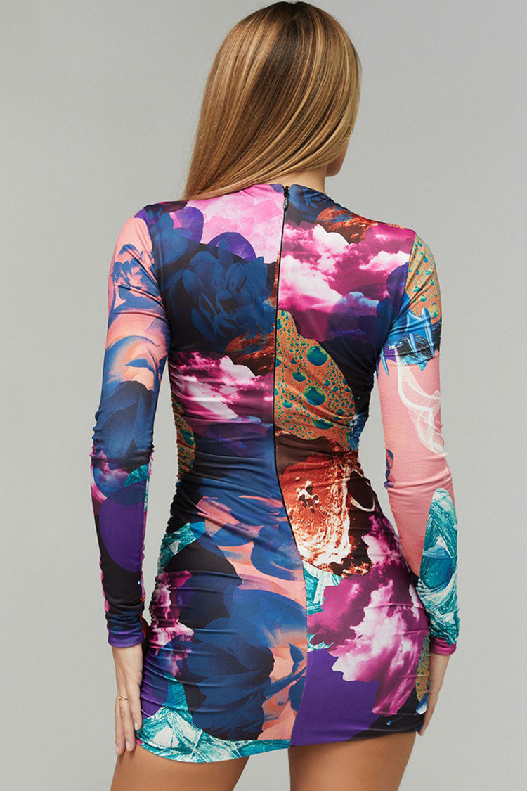 Vintage Printed Long Sleeve Bodycon Ruched Cutout Mini Dress - Multicolor