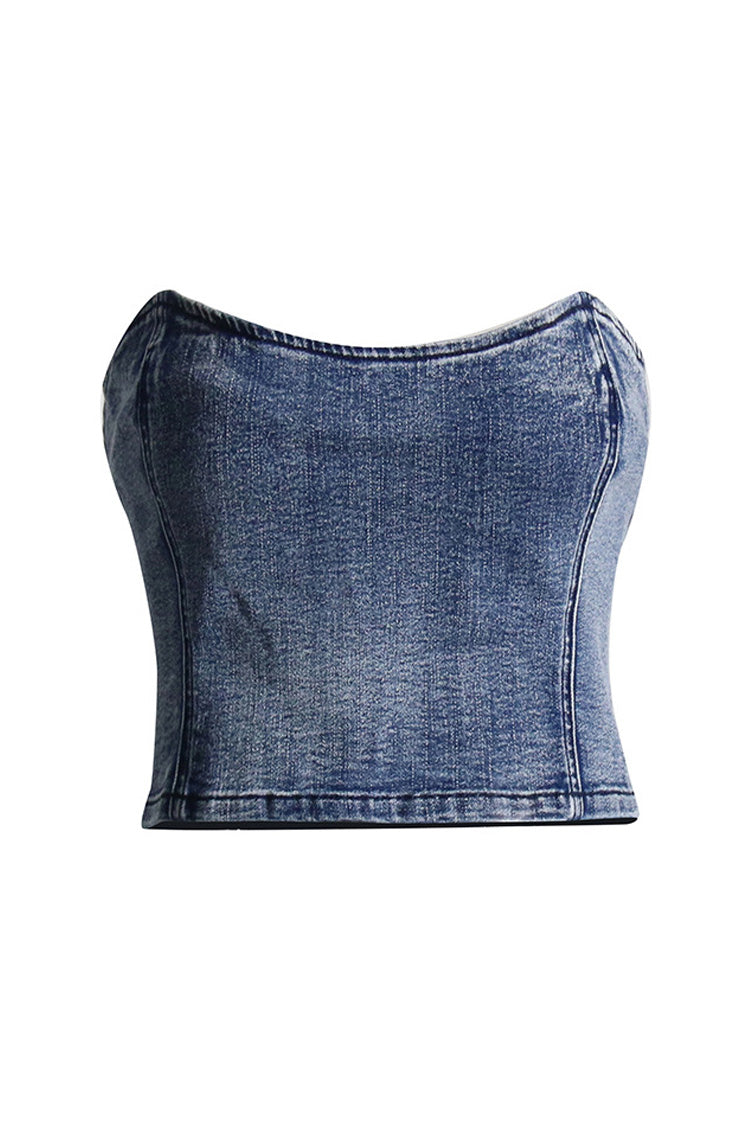 Vintage Style Sweetheart Neck Bustier Slim Fit Cropped Denim Tube Top