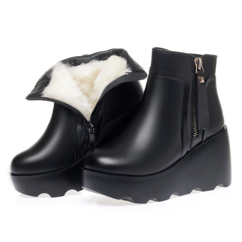 Leather Wedge Platform Wool Boots