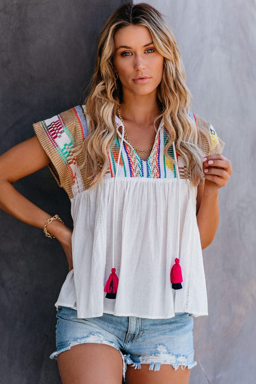 Preorder-Keep Dreamin' Tassel Boho Embroidered Top - 2 Colors