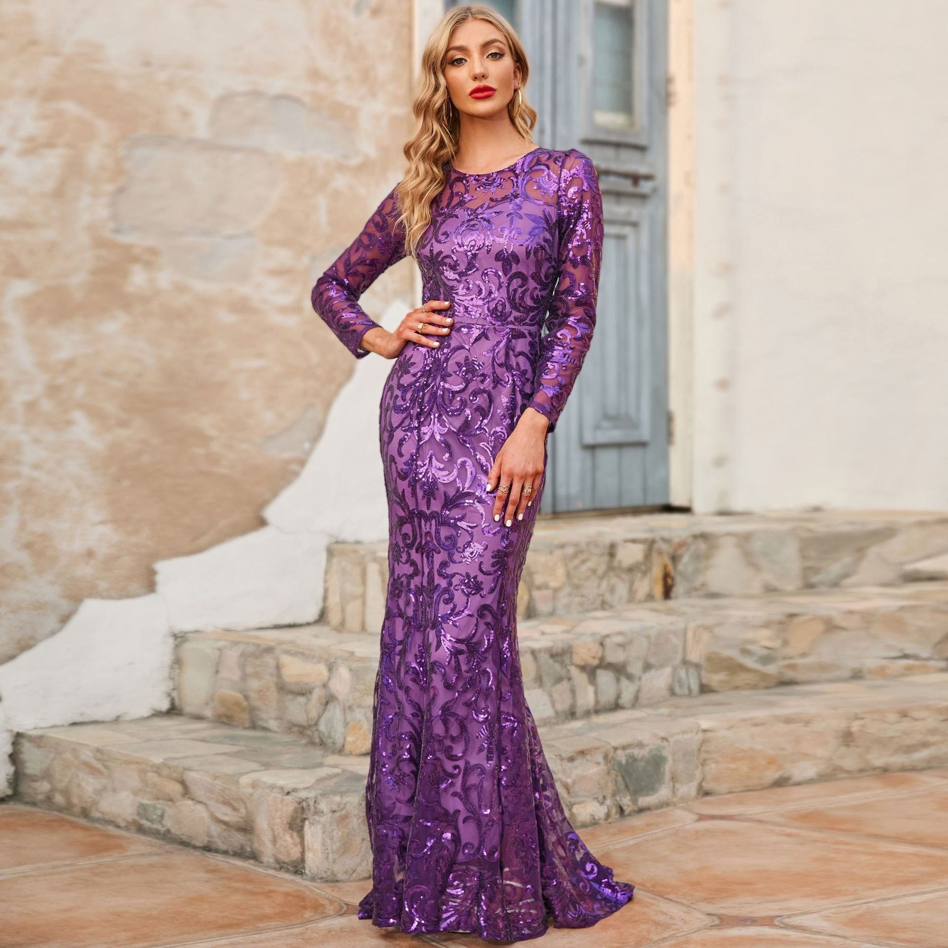 Round Neck Sequin Long Evening Dress