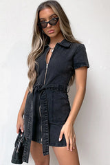 Trending Topic Zip Short Sleeve Denim Mini Dress - 3 Colors