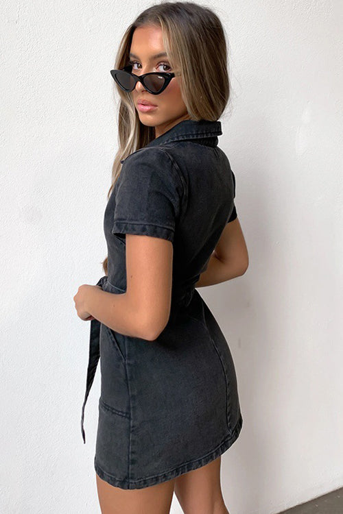 Trending Topic Zip Short Sleeve Denim Mini Dress - 3 Colors