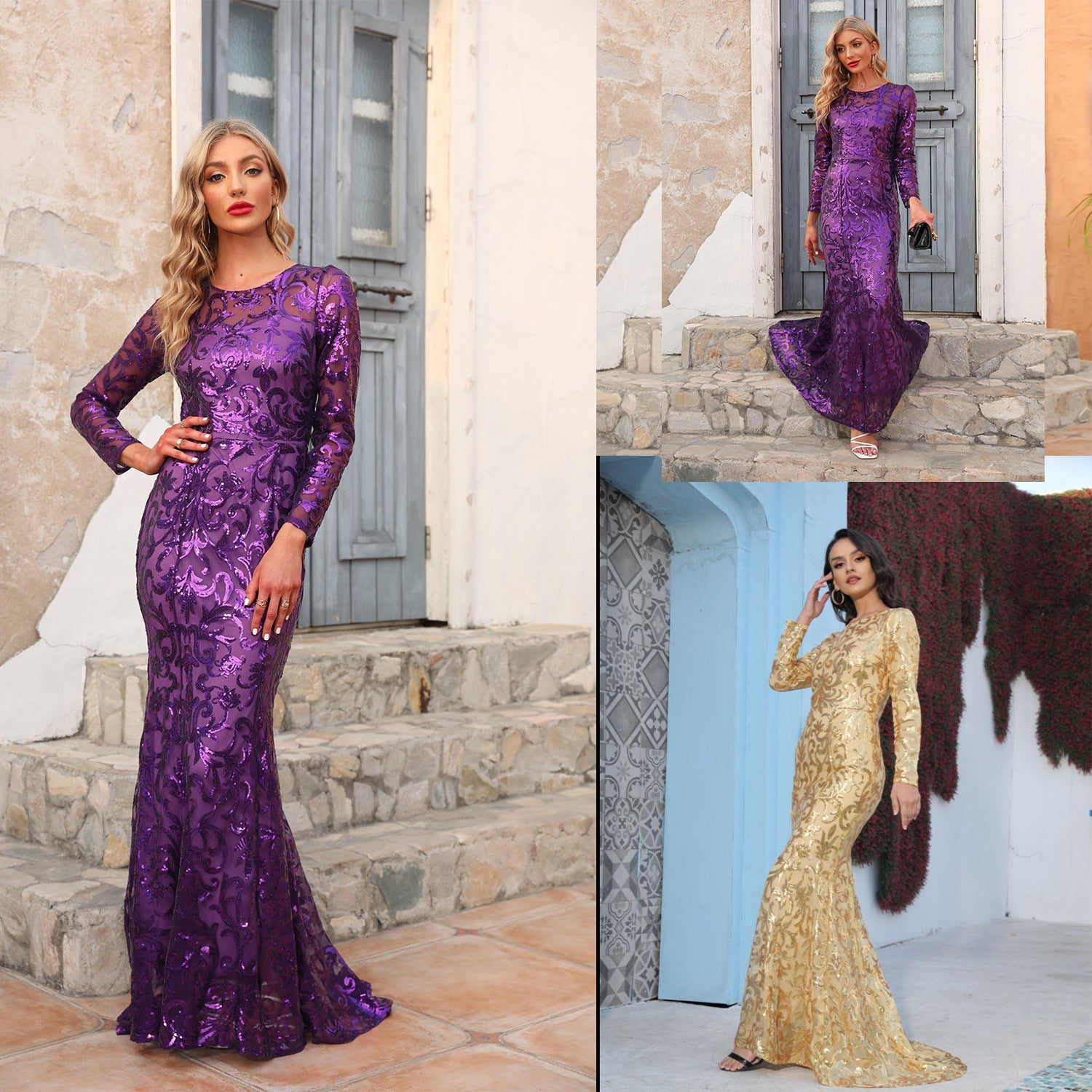 Round Neck Sequin Long Evening Dress