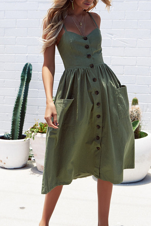 Spaghetti Button-Up Full Midi Dress - 6 Colors