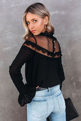 Cozy Fantasy Black Lace Dotted Long Sleeve Top