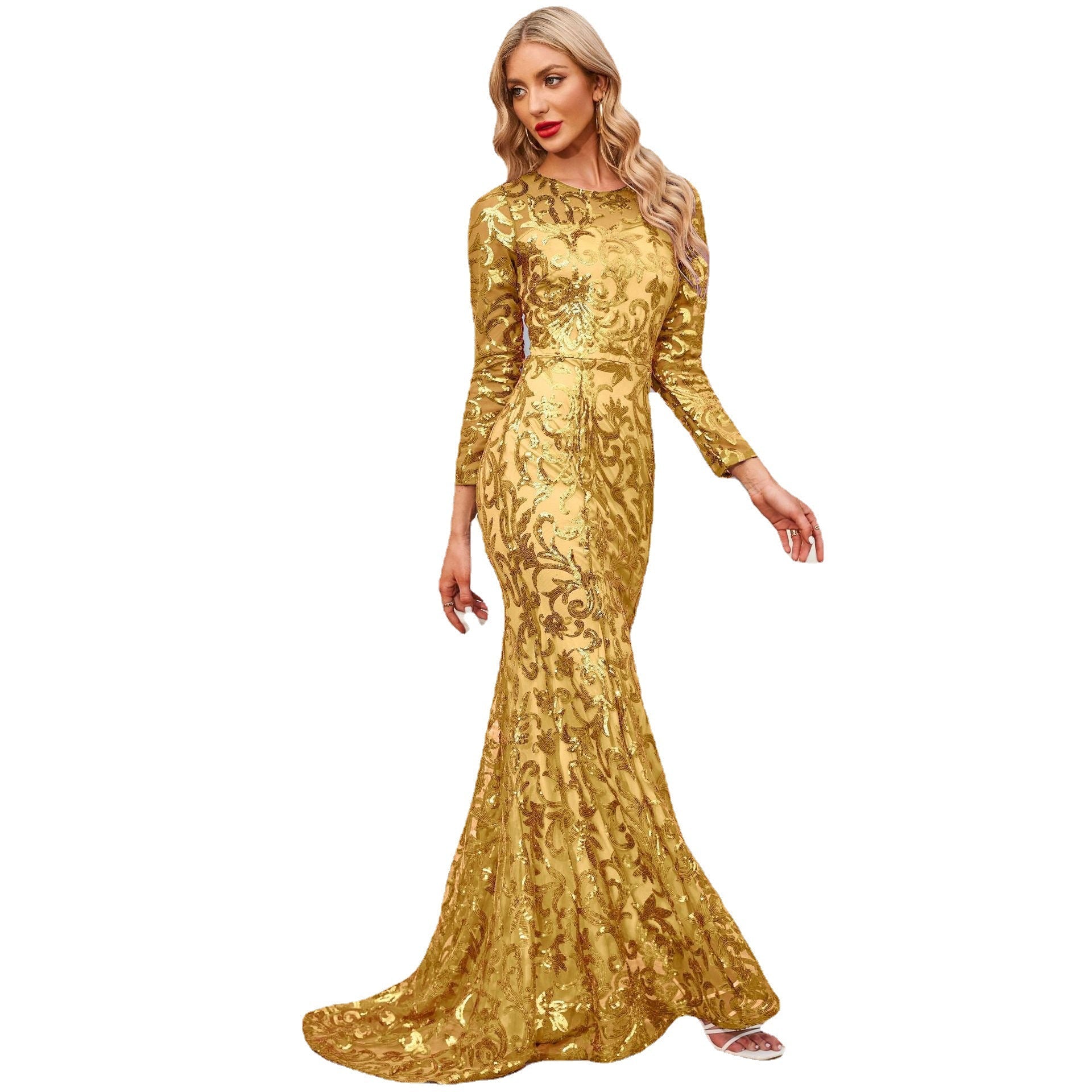 Round Neck Sequin Long Evening Dress