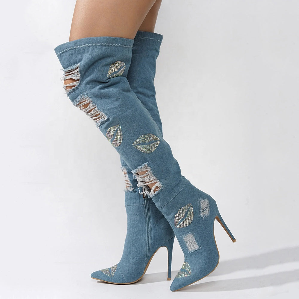 Rhinestone Distressed Denim Knee High Boots