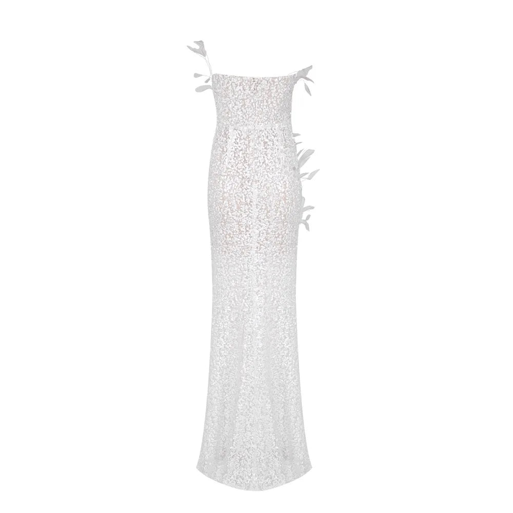 Luxury Pearls Feather Sequined Evening Gown