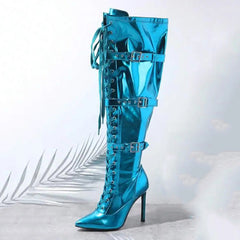 Shiny Metallic Buckles Knee-High Boots