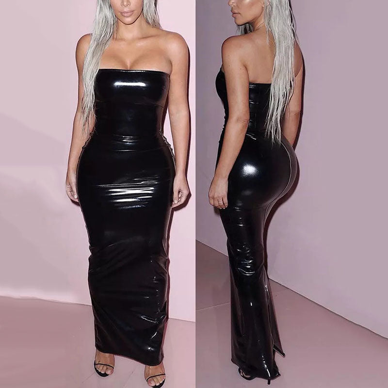 Sexy Sleeveless Long Leather Dress