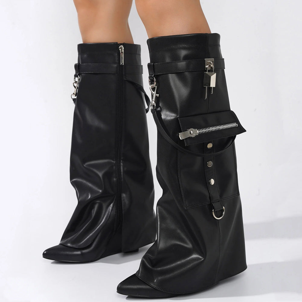 Pocket Overlay Mid-Calf Ankle Boots