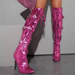 Shiny Metallic Buckles Knee-High Boots