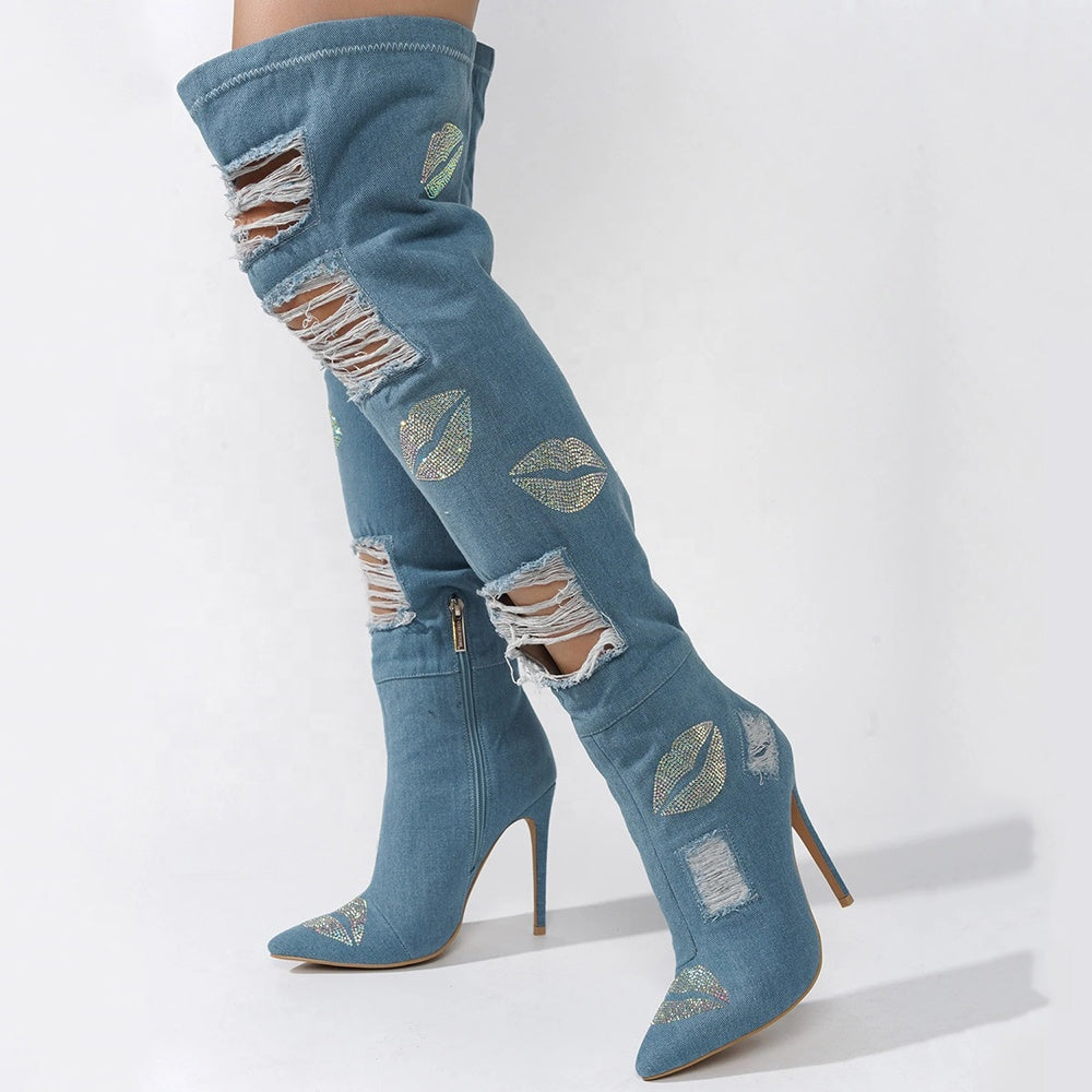 Rhinestone Distressed Denim Knee High Boots