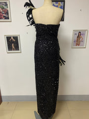 Strapless Feather Sequins Maxi Dress