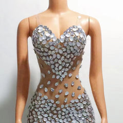 Shiny Silver Rhinestone Transparent Party Dress