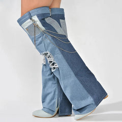 Chic Patchwork Overlay Denim Boots