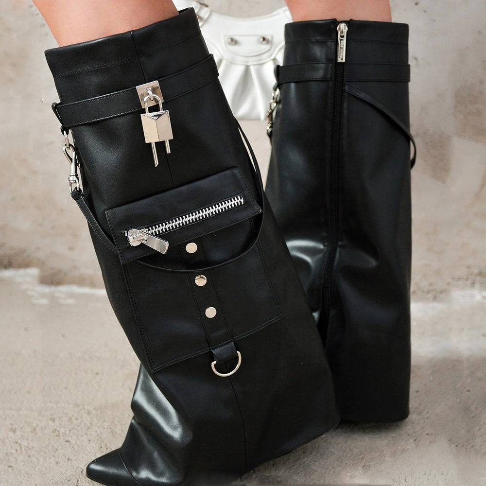 Pocket Overlay Mid-Calf Ankle Boots