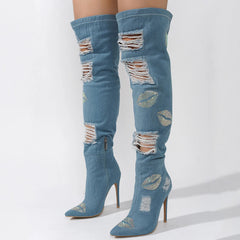 Rhinestone Distressed Denim Knee High Boots