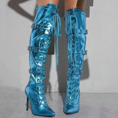 Shiny Metallic Buckles Knee-High Boots