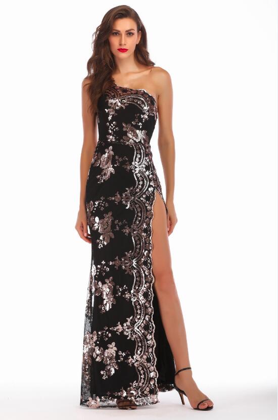 Sexy One Shoulder Sequins Long Dresses