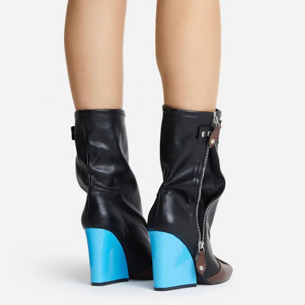 Chic Mixed Color Buckle Ankle Boots