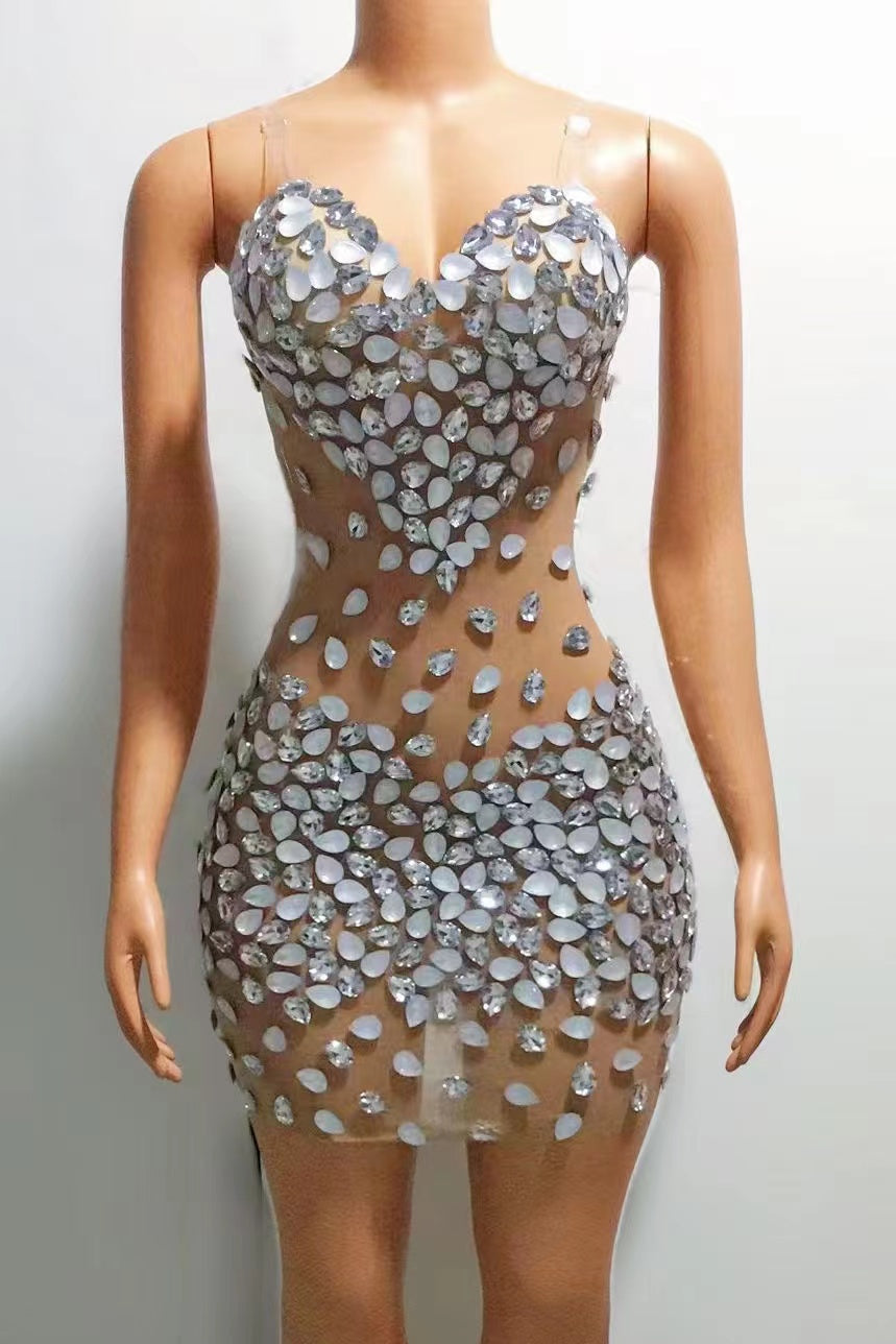 Shiny Silver Rhinestone Transparent Party Dress