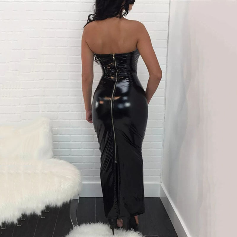 Sexy Sleeveless Long Leather Dress