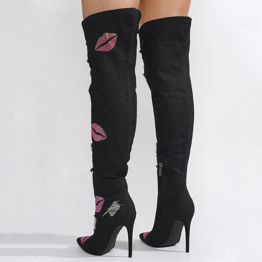 Rhinestone Distressed Denim Knee High Boots