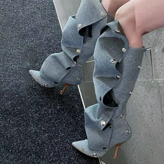 Stylish Riveted Denim High Heels Boots