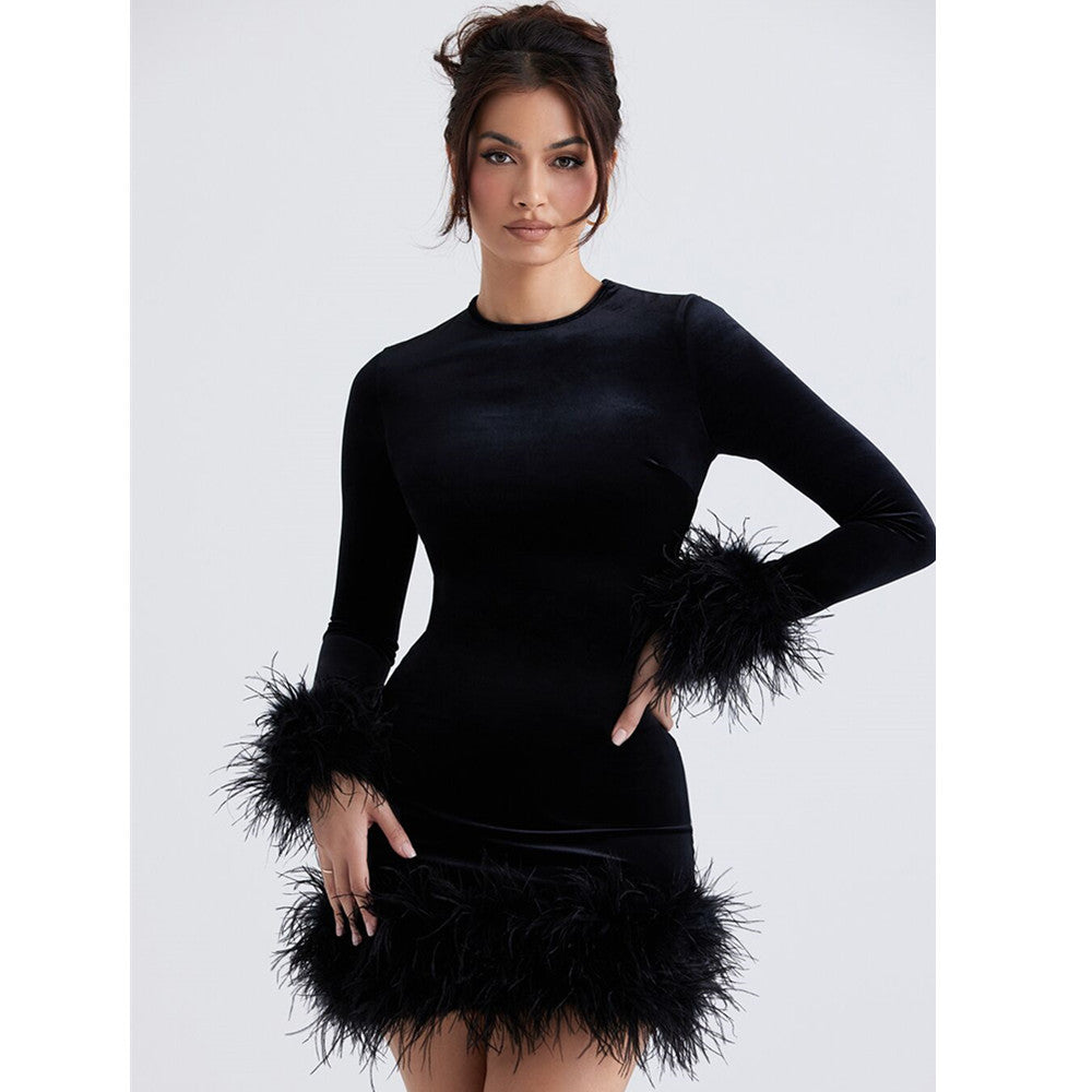 Black Feather Velvet Dress