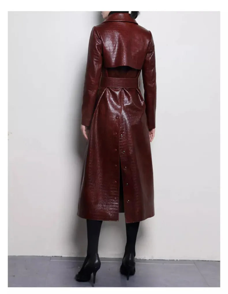 Glossy Autumn Faux Leather Trench Coat
