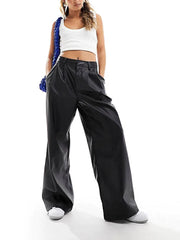 Chic Loose Wide-Leg Leather Trousers