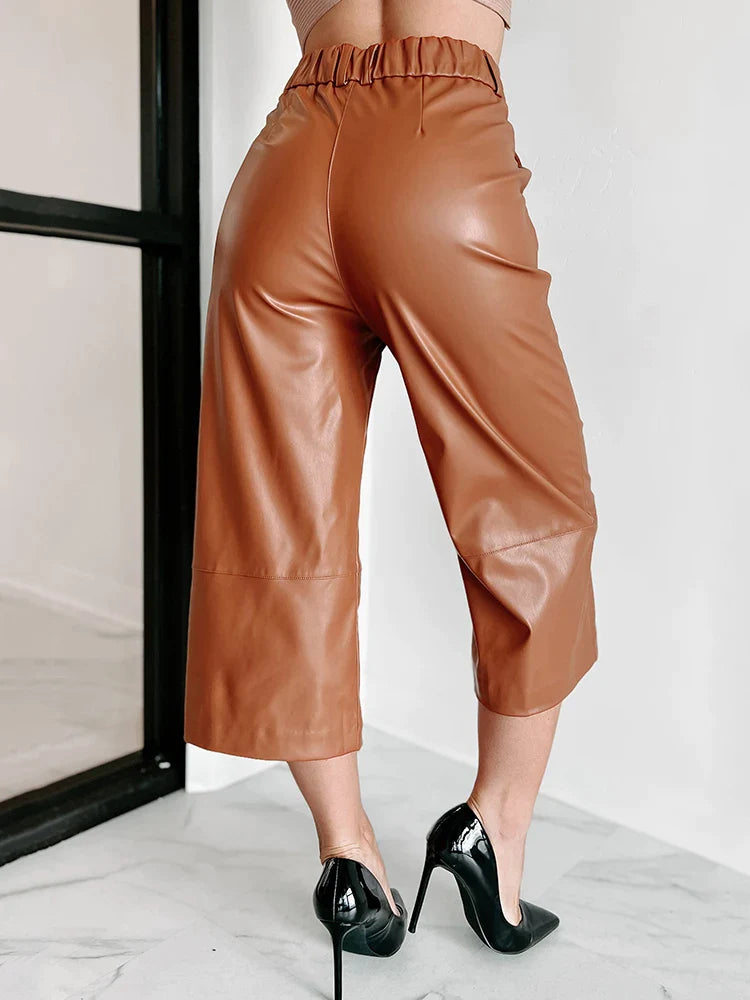 High Waist Faux Leather Capri Pants