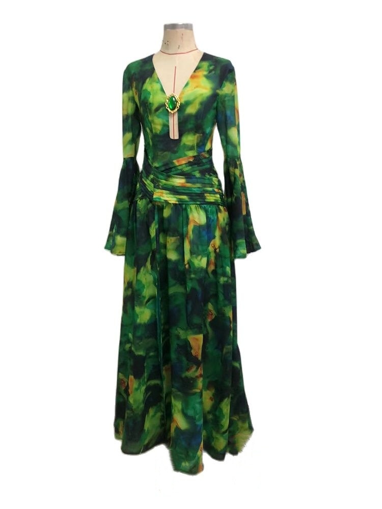 Forest Backless Long Sleeve Maxi Dress