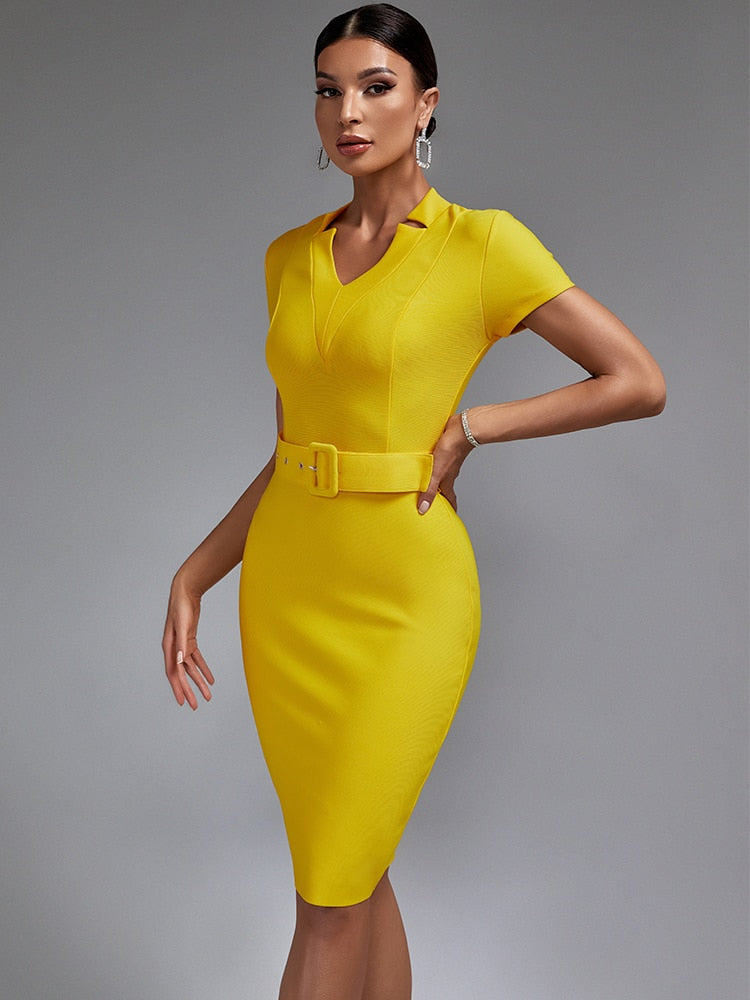 Short Sleeve Yellow Bandage Dress