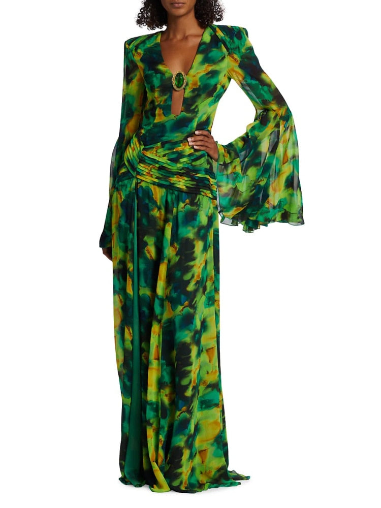 Forest Backless Long Sleeve Maxi Dress