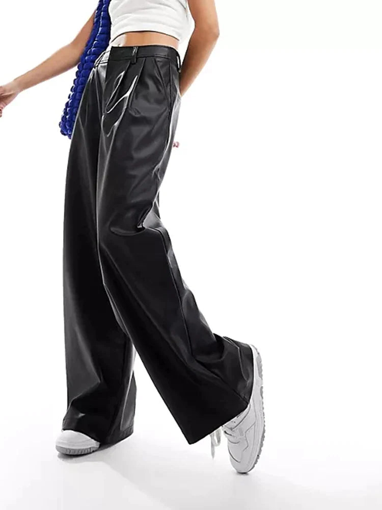 Chic Loose Wide-Leg Leather Trousers