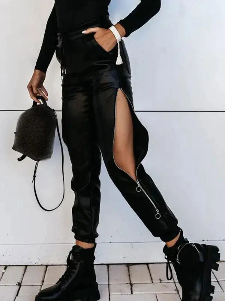 High Waist Zipper Patent Leather Pants