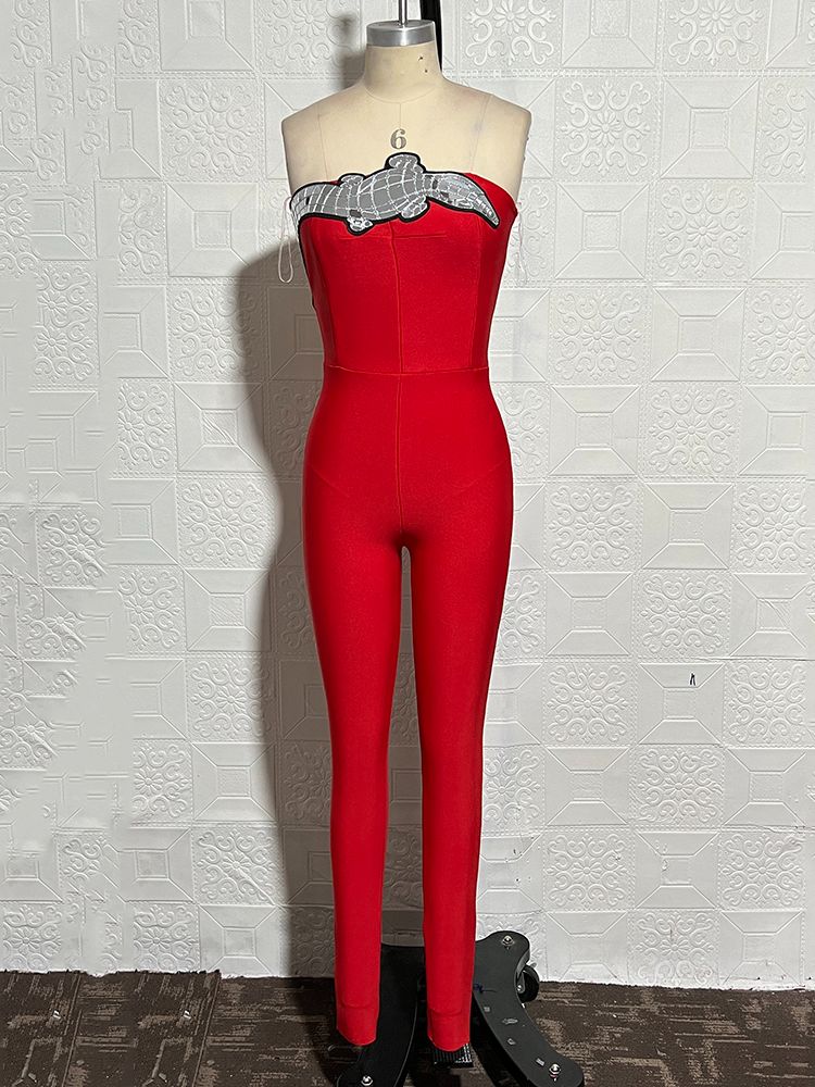 Red Sleeveless Strapless Jumpsuits