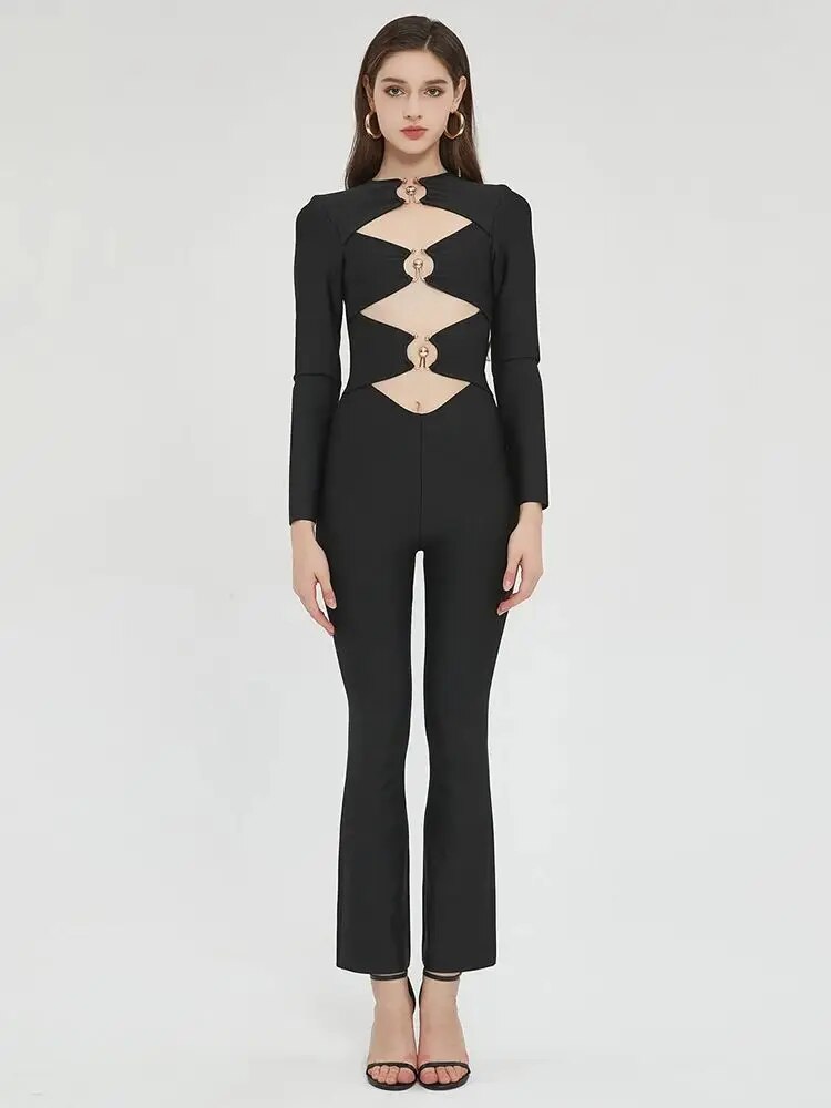 Chic Metal Ring Hollow Evening Jumpsuit