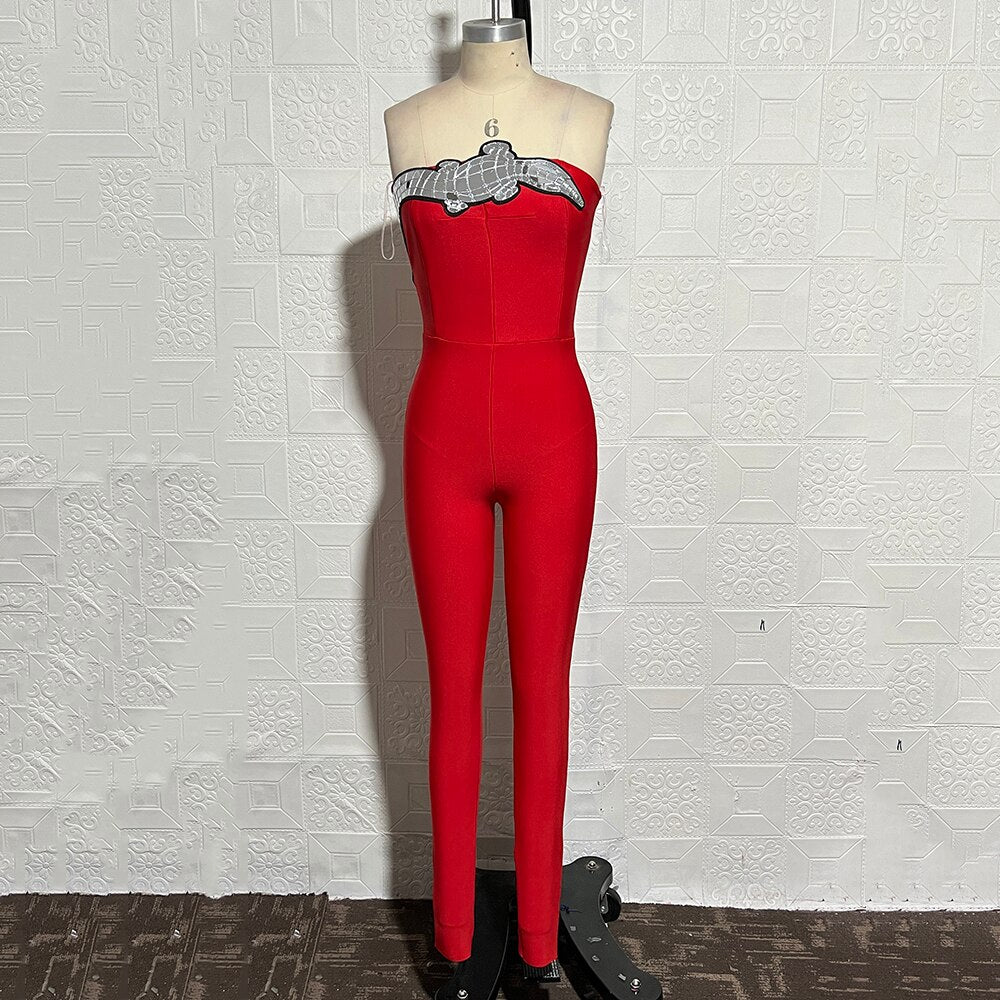 Red Sleeveless Strapless Jumpsuits