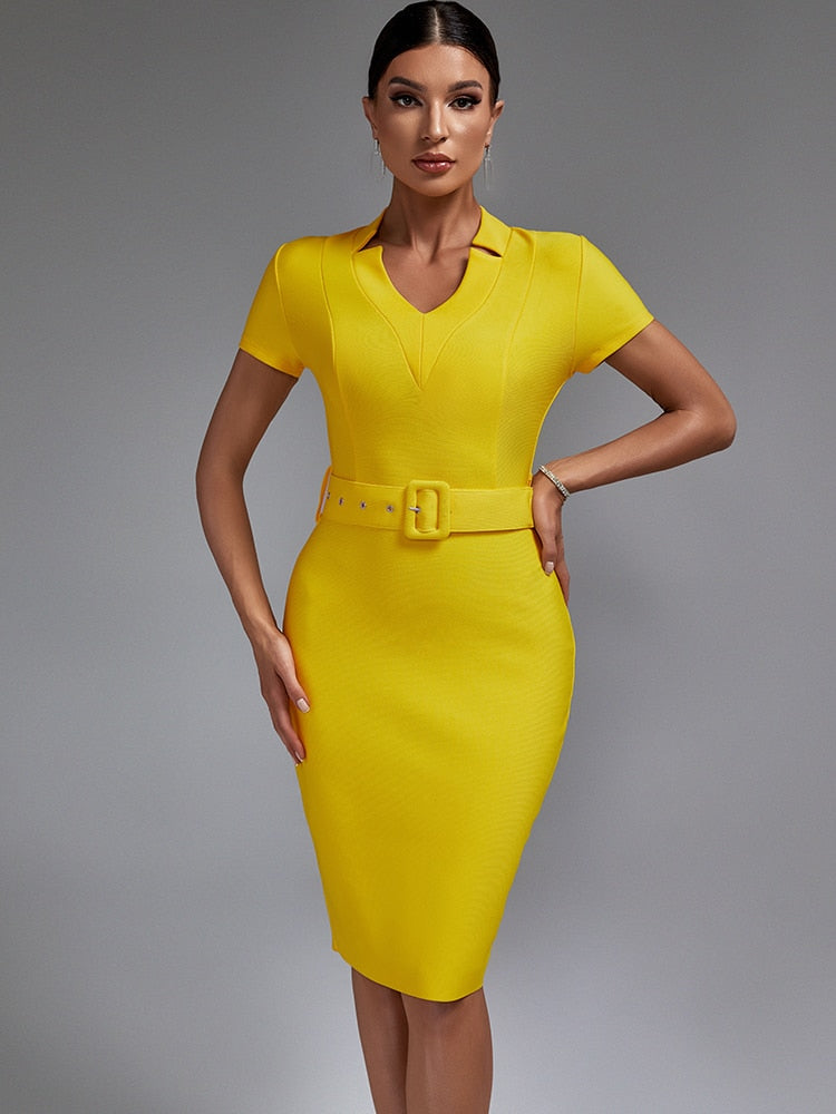 Short Sleeve Yellow Bandage Dress