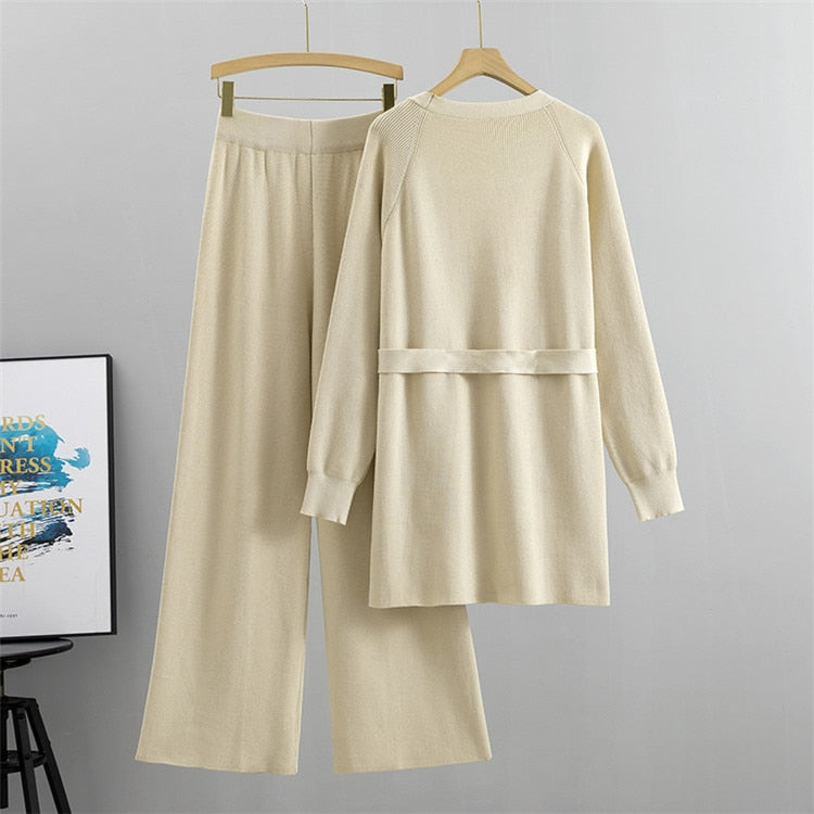 Knit Cardigan Wide Leg Pants Set