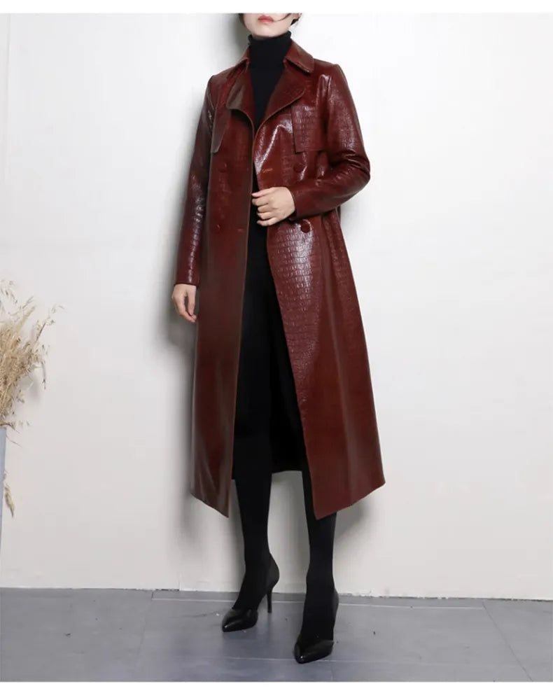 Glossy Autumn Faux Leather Trench Coat