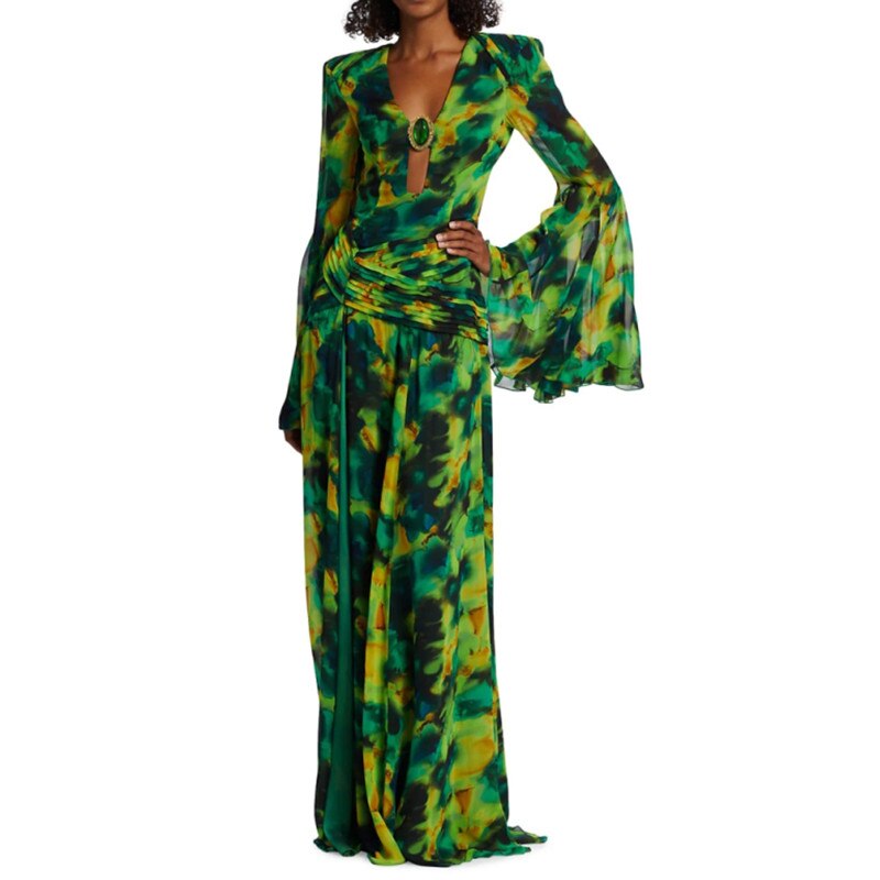 Forest Backless Long Sleeve Maxi Dress