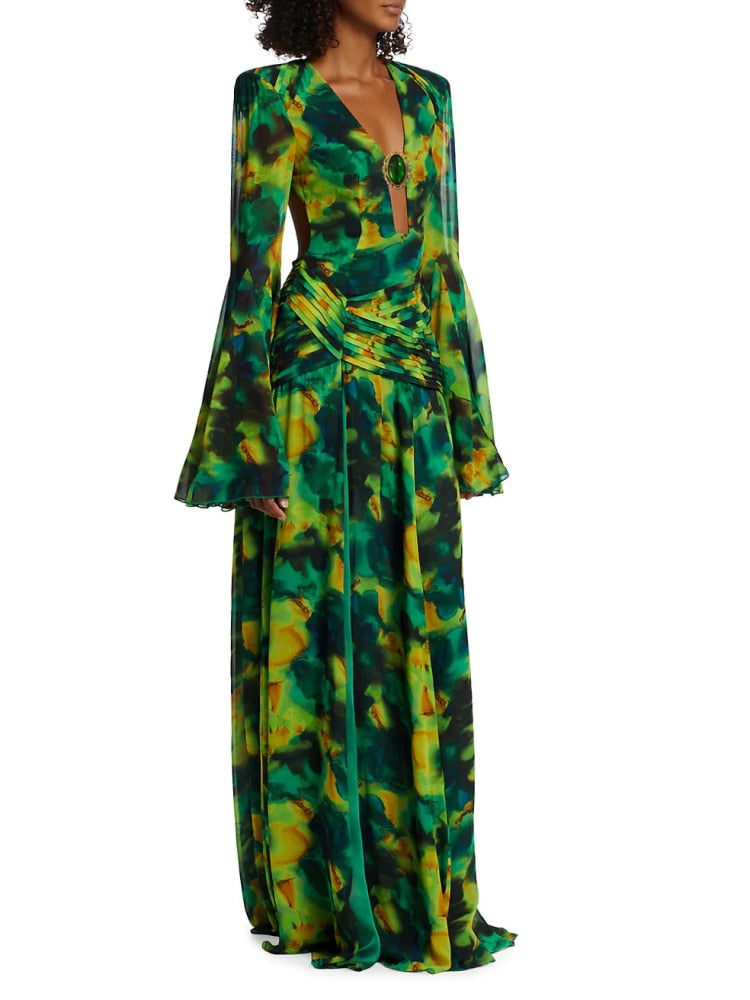 Forest Backless Long Sleeve Maxi Dress