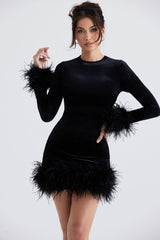 Black Feather Velvet Dress