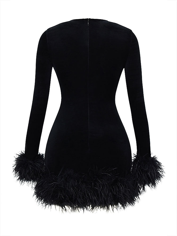 Black Feather Velvet Dress