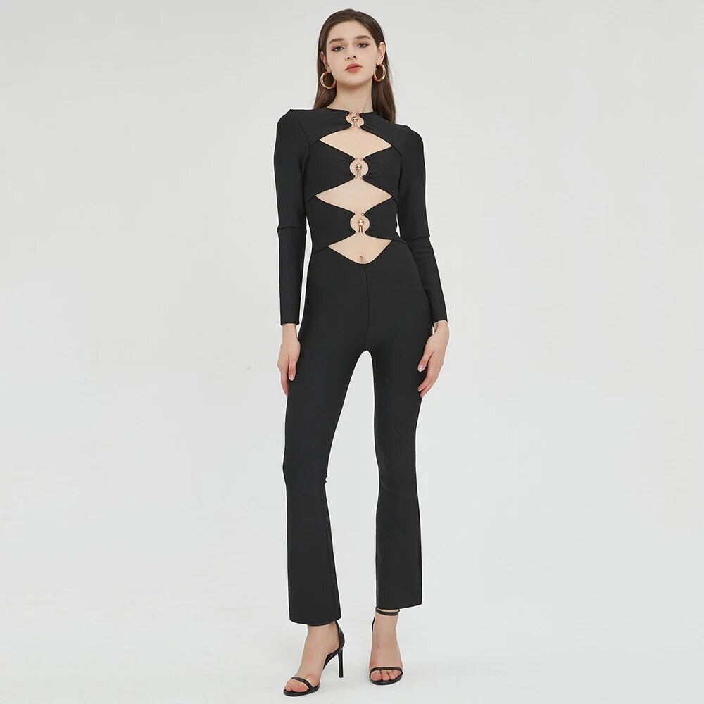 Chic Metal Ring Hollow Evening Jumpsuit